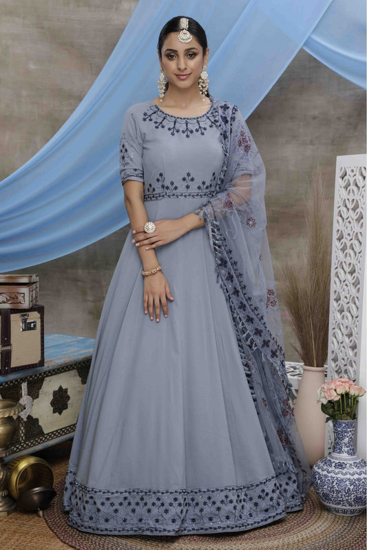 Grey Colour Georgette Embroidery Gown