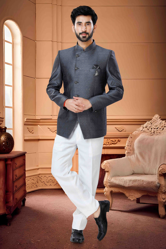 Grey Colour Jodhpuri In Jacquard Fabric