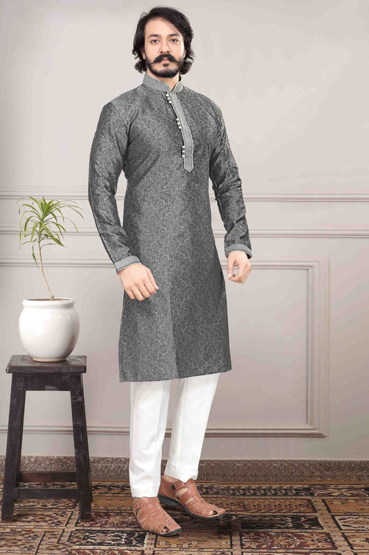 Grey Colour Kurta Pajama In Jacquard Silk