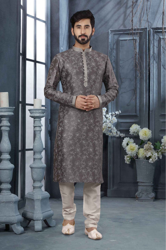 Grey Colour Kurta Pajama In Silk Fabric