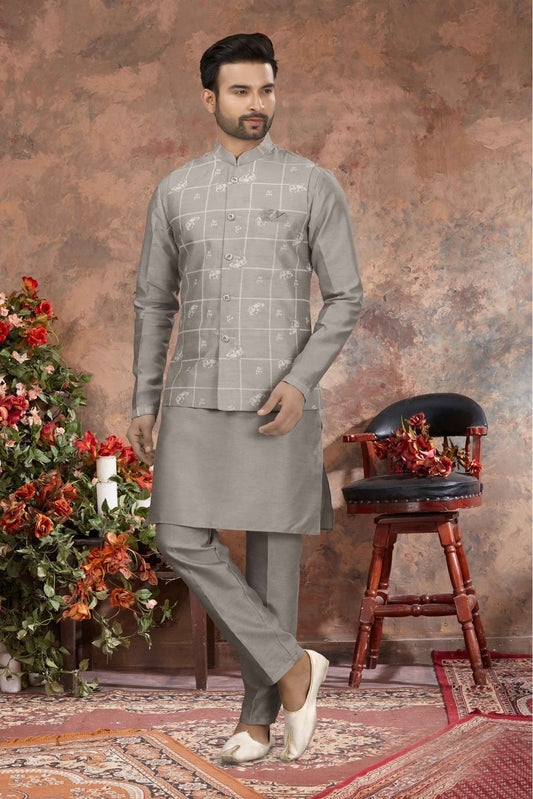 Grey Colour Kurta Pajama With Jacket In Silk Dupion Fabric