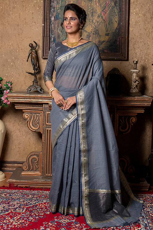 Grey Colour Linen Silk Traditional Saree