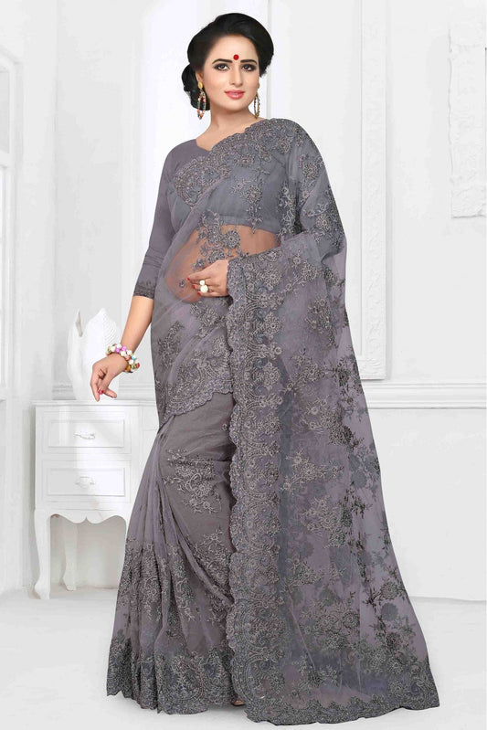 Grey Colour Net Designer Saree