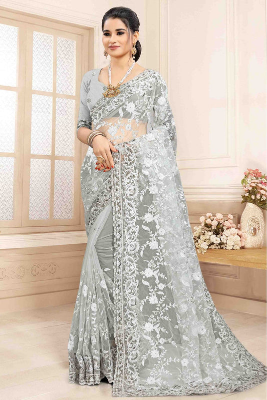 Grey Colour Net Designer Saree