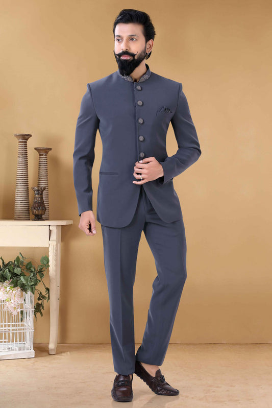 Grey Colour Rayon Jodhpuri Suit