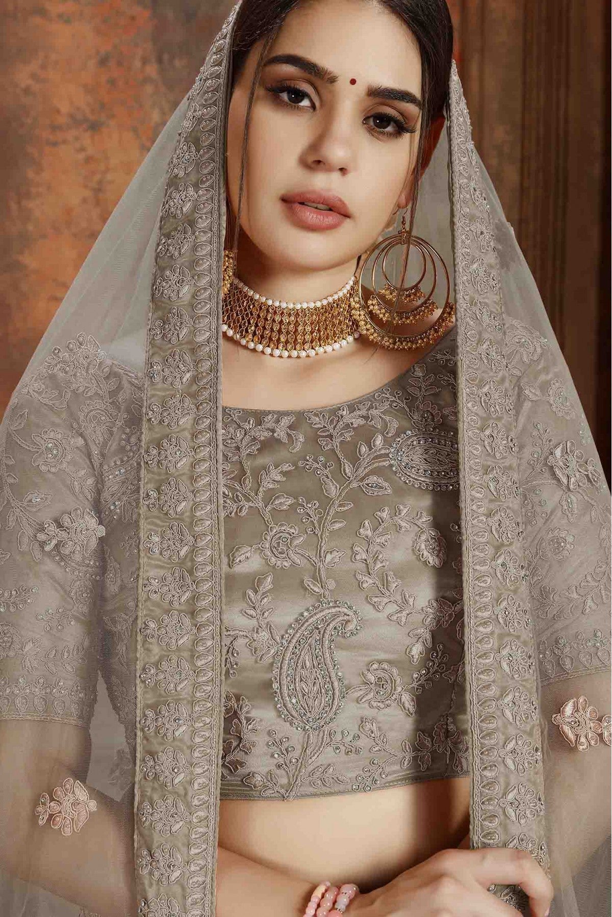 Grey Colour Soft Net Embroidery Lehenga Choli