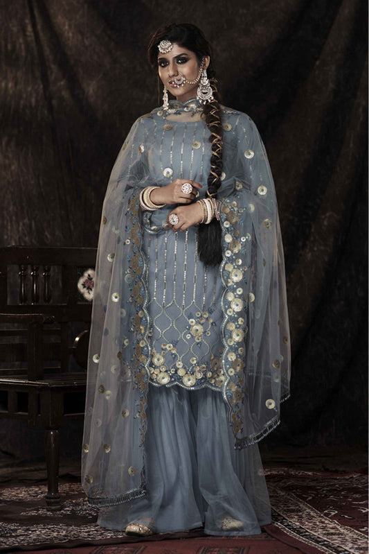 Grey Colour Stitched Soft Net Sequins Work Sharara Suit