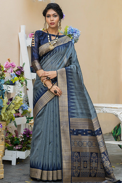 Grey Colour Tussar Silk Traditional Saree