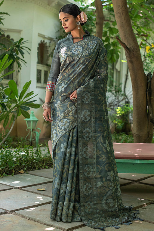 Grey Colour Tussar Silk Traditional Saree