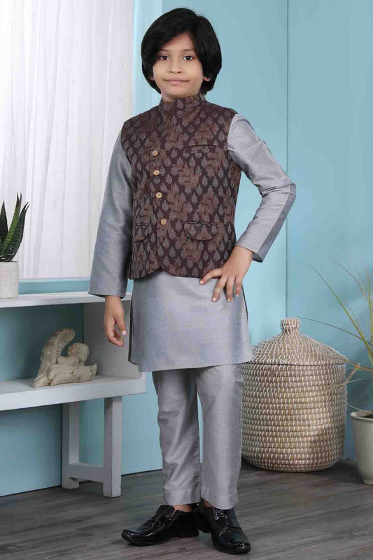 Grey and Brown Colour Cotton Silk Kurta Pajama With Jacket