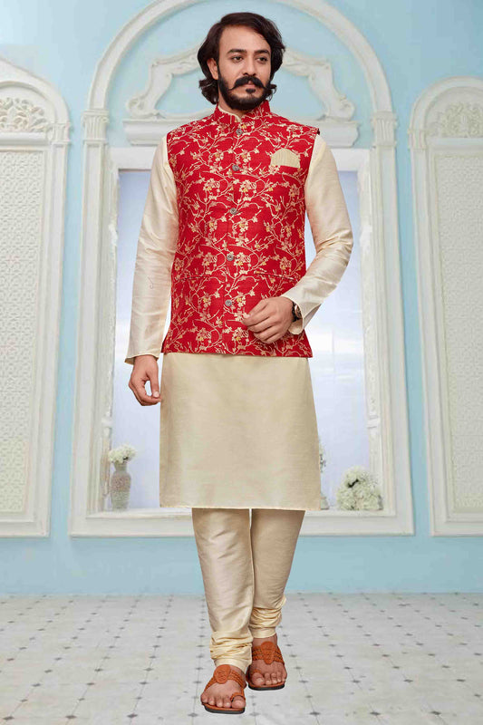 Ivory Colour Kurta Pajama With Jacket In Art Silk
