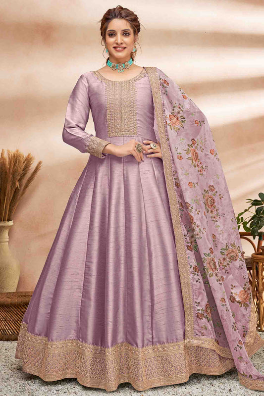 Lavender Colour Art Silk Semi Stitched Anarkali Suit
