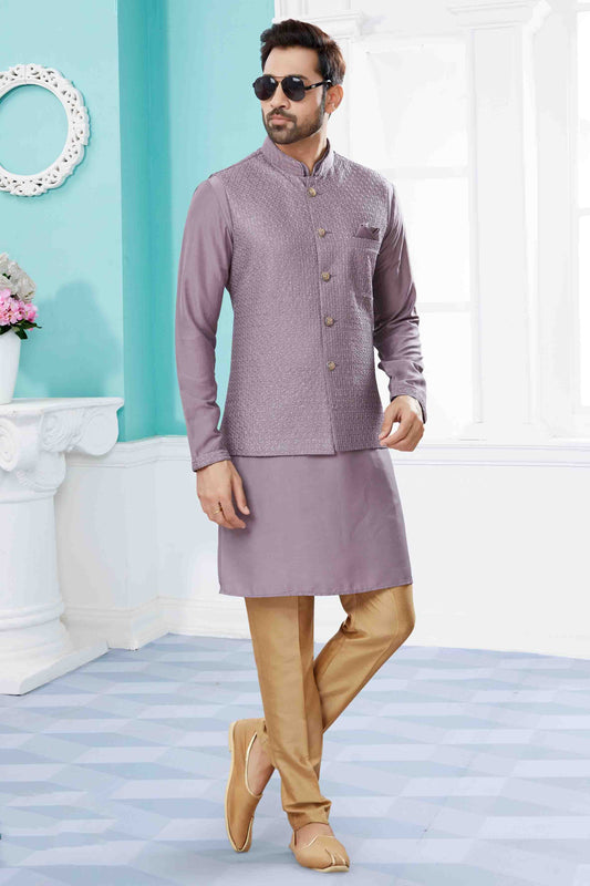Lavender Colour Kurta Pajama With Jacket In Silk Dupion Fabric