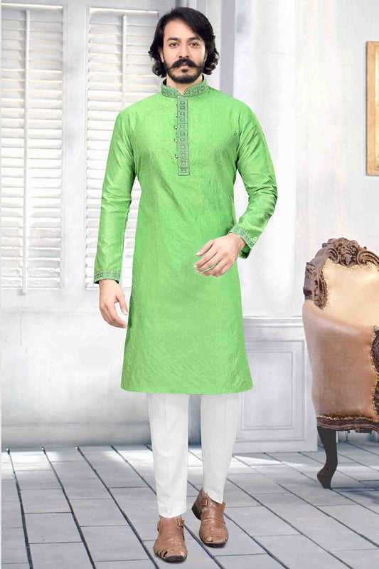 Light Green Colour Kurta Pajama In Jacquard Silk