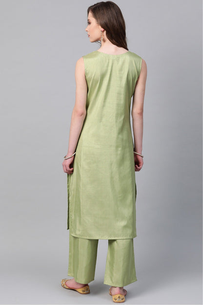 Light Green Colour Plus Size Poly Silk Straight Kurta Palazzo Set