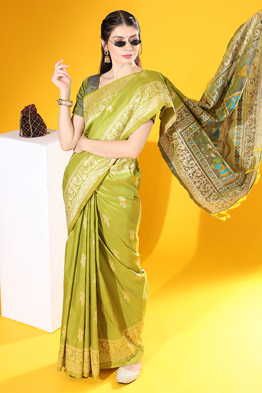 Mahendi Colour Handloom Raw Silk Traditional Saree