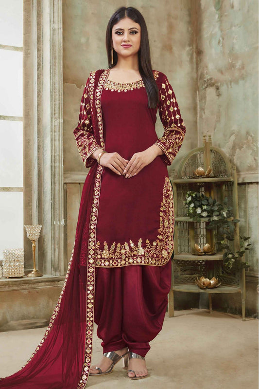 Maroon Colour Art Silk Embroidery Patiala Suit Maroon Colour
