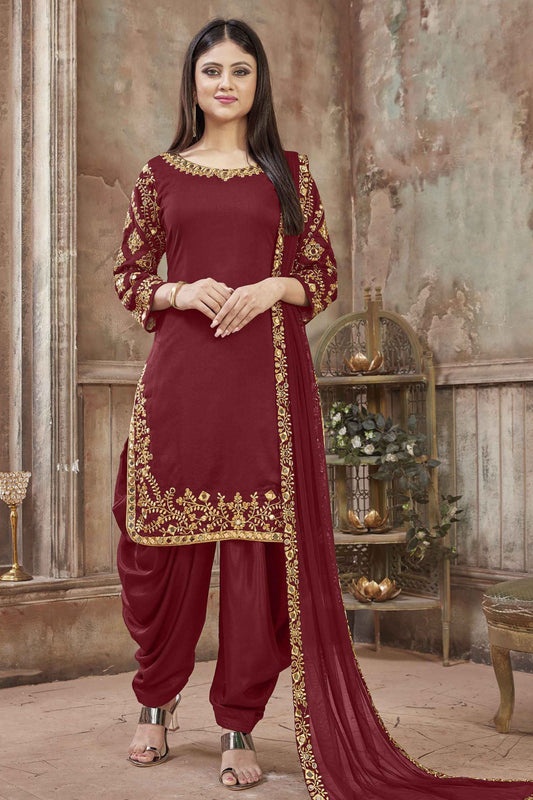 Maroon Colour Art Silk Embroidery Patiala Suit