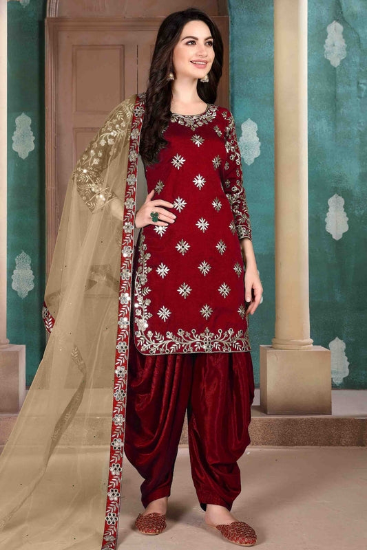 Maroon Colour Art Silk Semi Stitched Patiala Suit