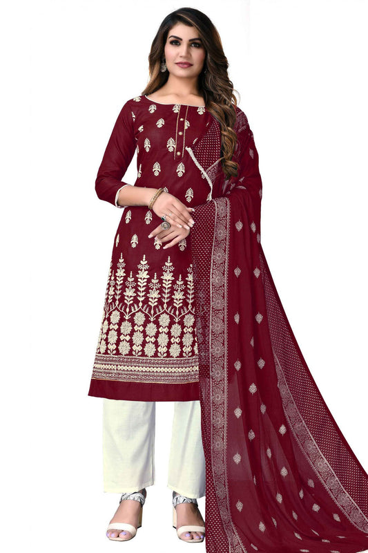 Maroon Colour Cotton Embroidery Pant Style Suit