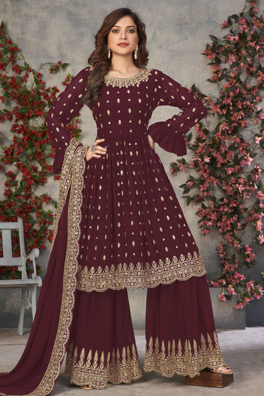 Maroon Colour Faux Georgette Embroidery Sharara Suit