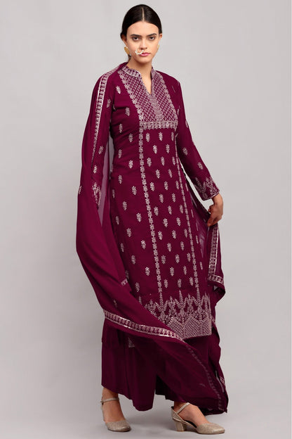 Maroon Colour Georgette Embroidery Palazzo Pant Suit