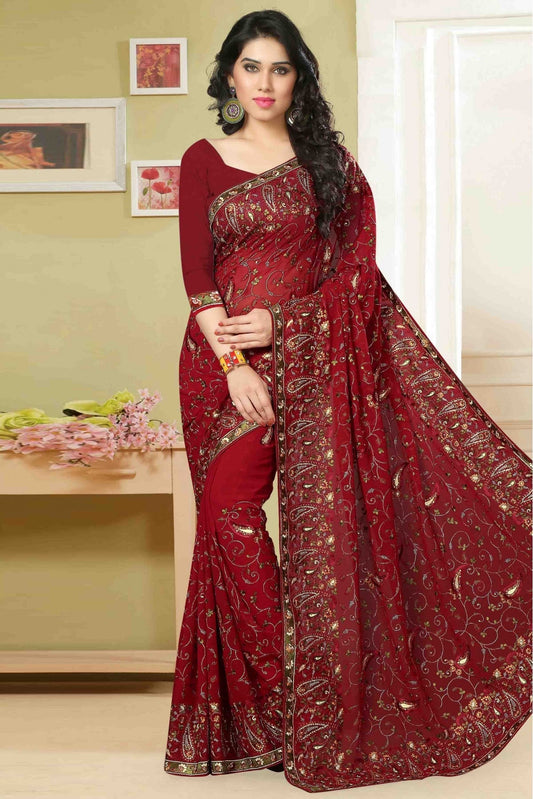 Maroon Colour Georgette Embroidery Saree