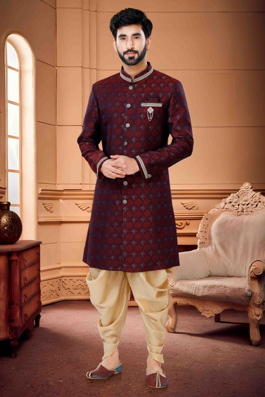 Maroon Colour Indo Western In Jacquard Fabric