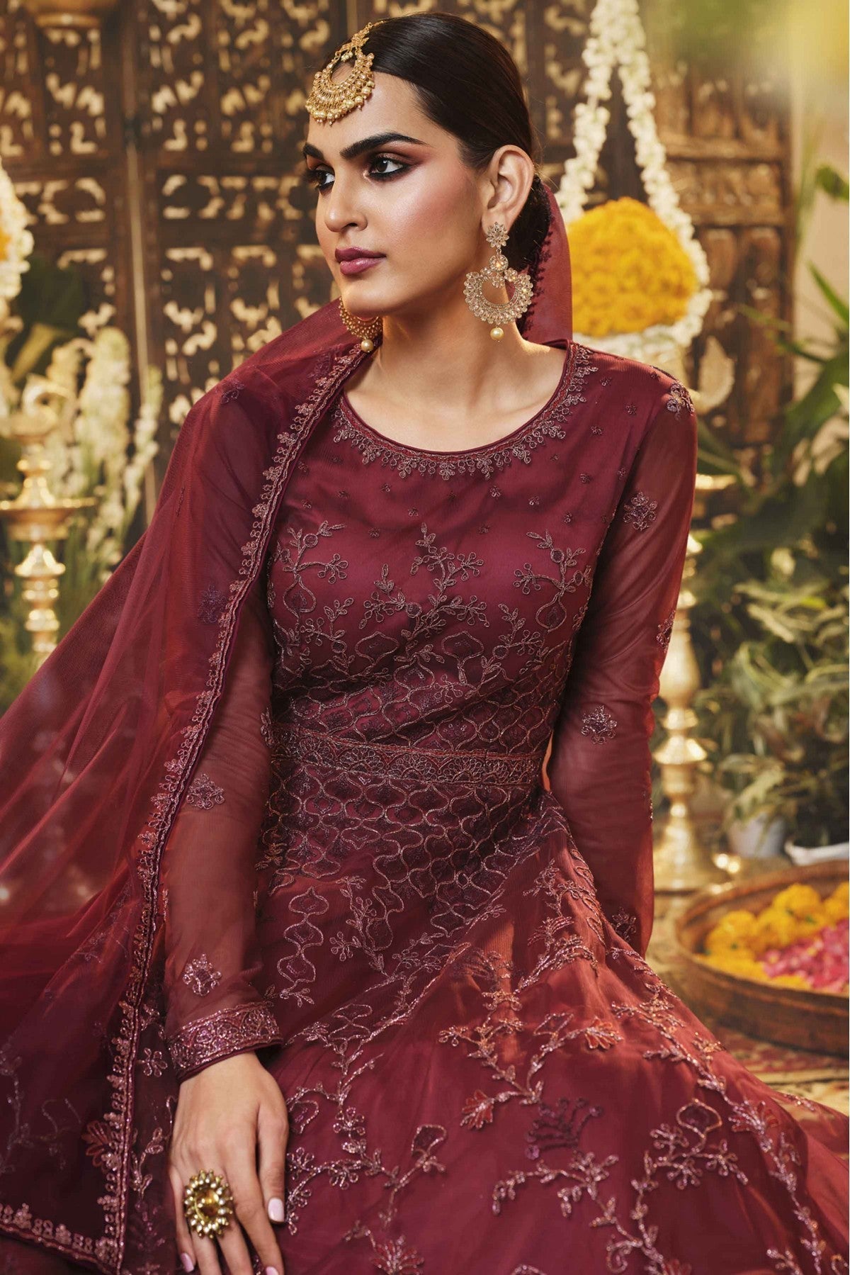 Maroon Colour Net Embroidery Anarkali Suit
