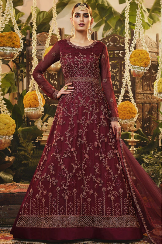 Maroon Colour Net Embroidery Anarkali Suit