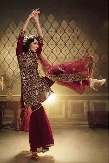 Maroon Colour Net Sequins Work Sharara Suit