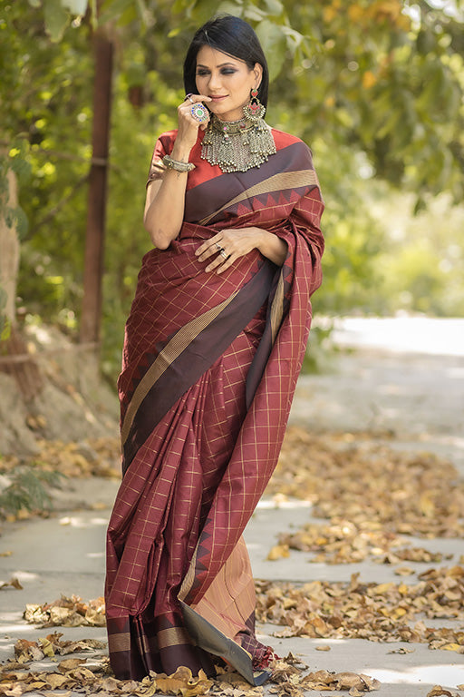 Maroon Colour Raw Silk Traditional Saree