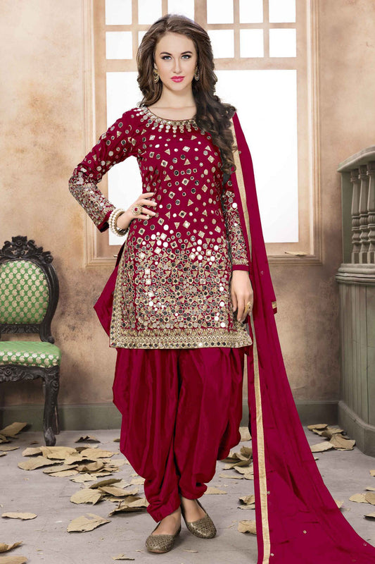 Maroon Colour Taffeta Silk Embroidery Patiala Suit