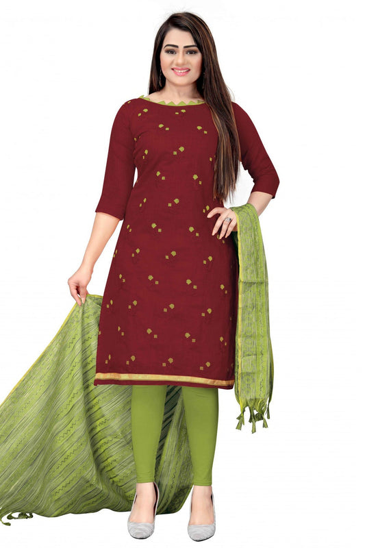 Maroon Colour Unstitched Banarasi Cotton Thread Work Churidar Suit