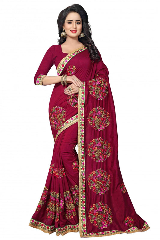 Maroon Colour Vichitra Silk Embroidery Saree