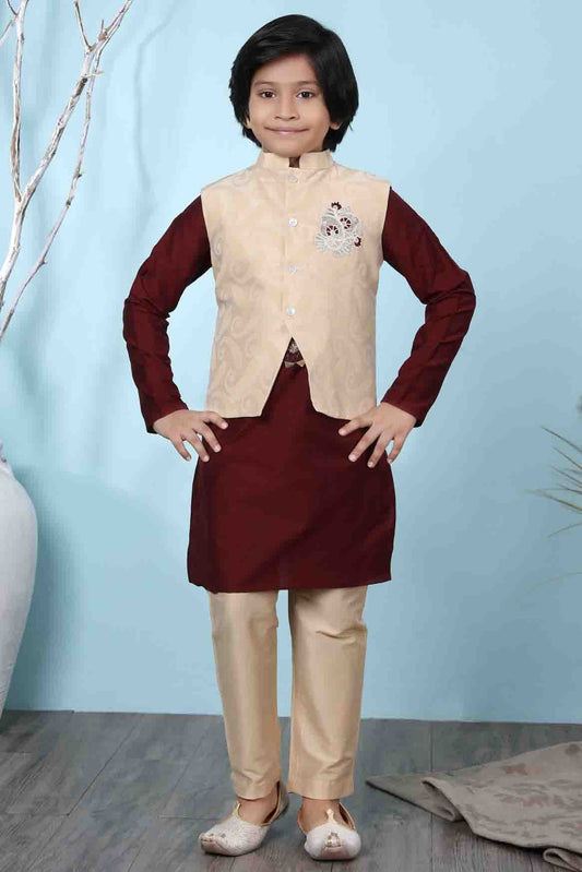 Maroon and Beige Colour Cotton Silk Kurta Pajama With Jacket