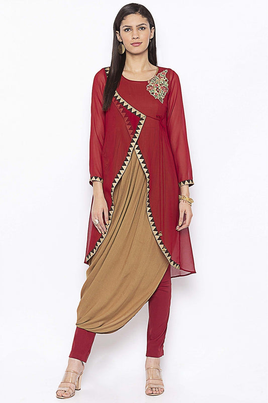 Maroon and Beige Colour Plus Size Georgette Embroidery Kurta Set