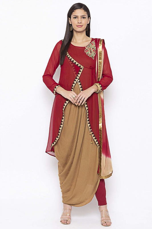 Maroon and Beige Colour Plus Size Georgette Embroidery Pant Style Suit