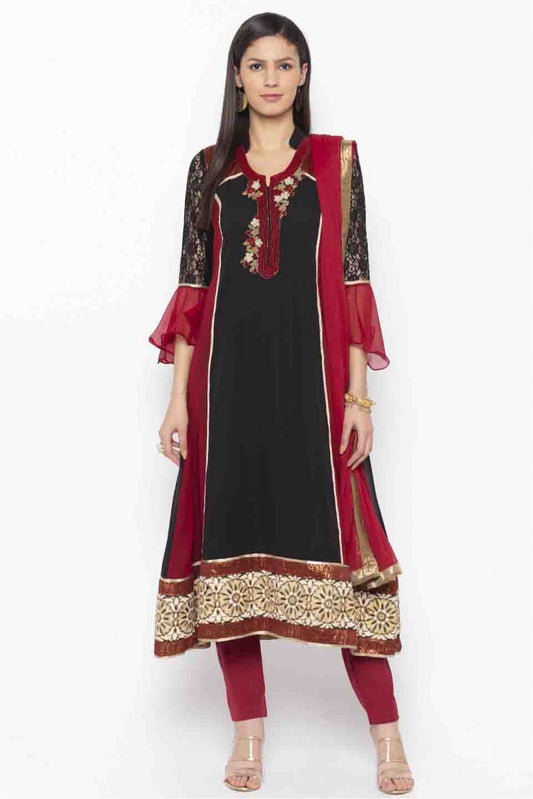 Maroon and Black Colour Plus Size Stitched Georgette Embroidery Anarkali Suit