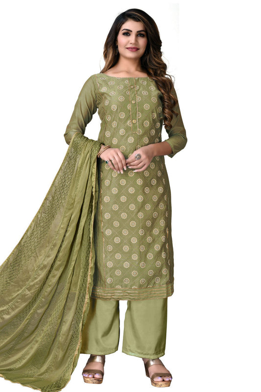 Mehendi and Green Colour Modal Chanderi Thread Work Palazzo Pant Suit