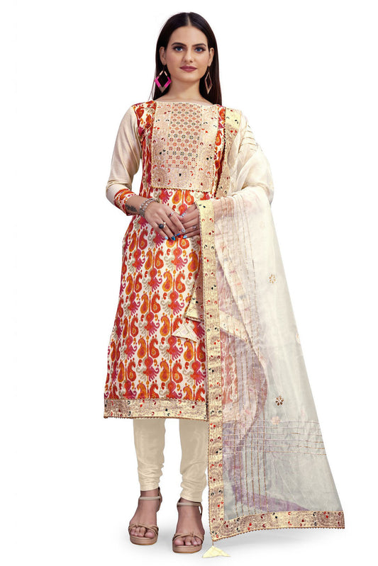 Multicolour Colour Unstitched Chanderi Printed Churidar Suit