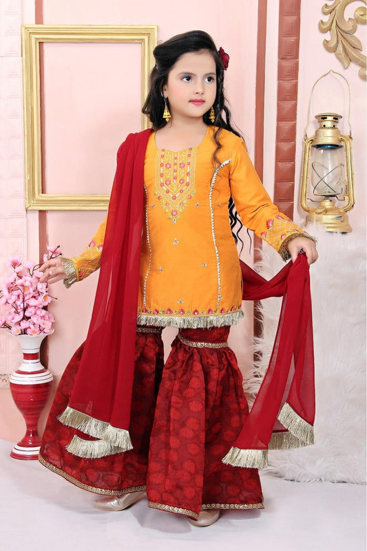 Mustard Colour Cotton Silk Embroidery Sharara Suit