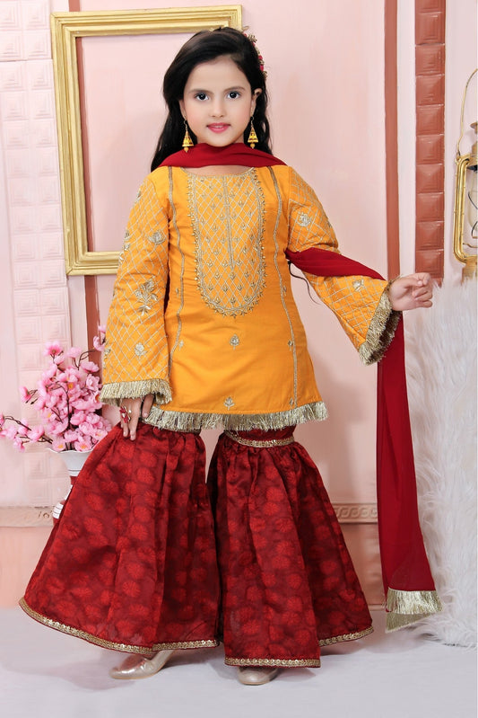 Mustard Colour Cotton Silk Embroidery Sharara Suit