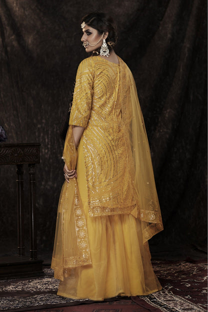 Mustard Colour Soft Net Sequins Work Sharara Suit