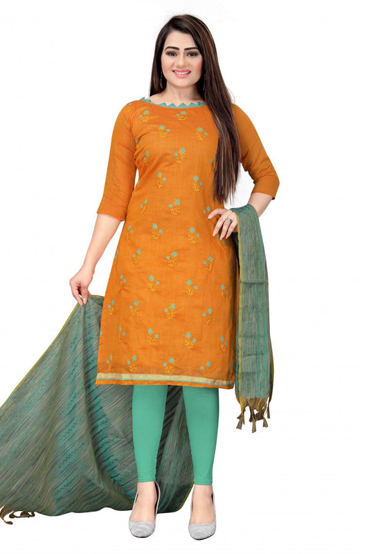 Mustard Colour Unstitched Banarasi Cotton Thread Work Churidar Suit