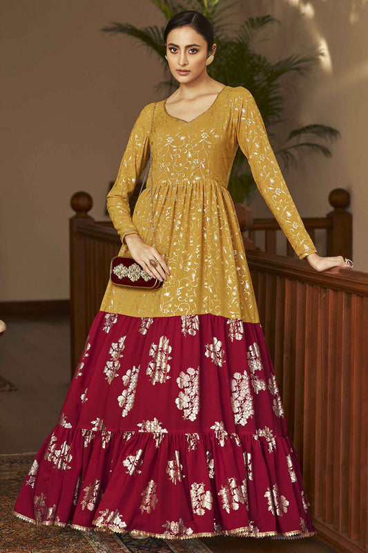 Mustard and Maroon Colour Georgette Foil Print Gown