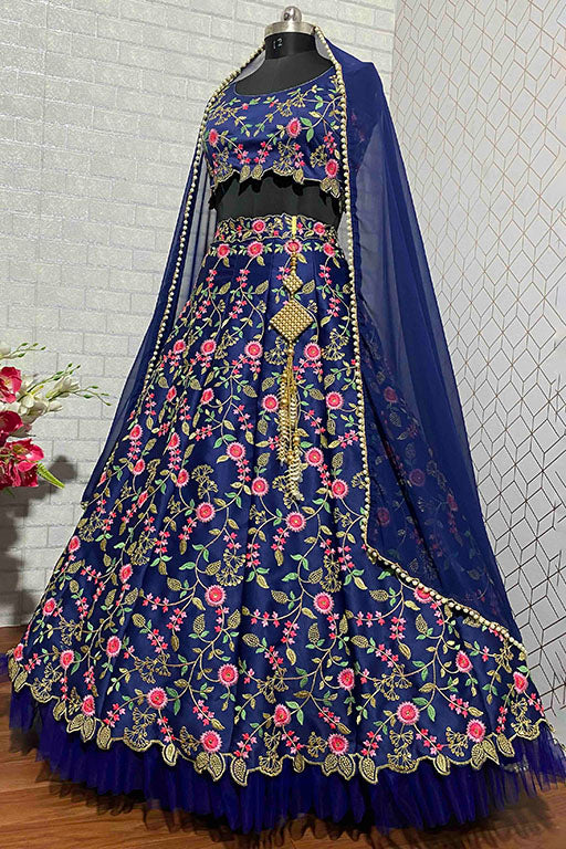 Navy Blue Colour Malai Satin Silk Designer Lehenga Choli