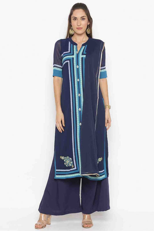 Navy Blue Colour Plus Size Stitched Georgette Embroidery Palazzo Pant Suit
