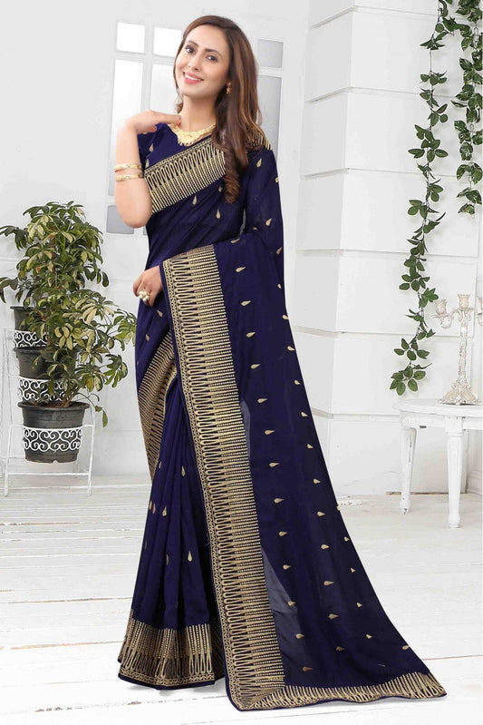 Navy Blue Colour Vichitra Silk Designer Saree