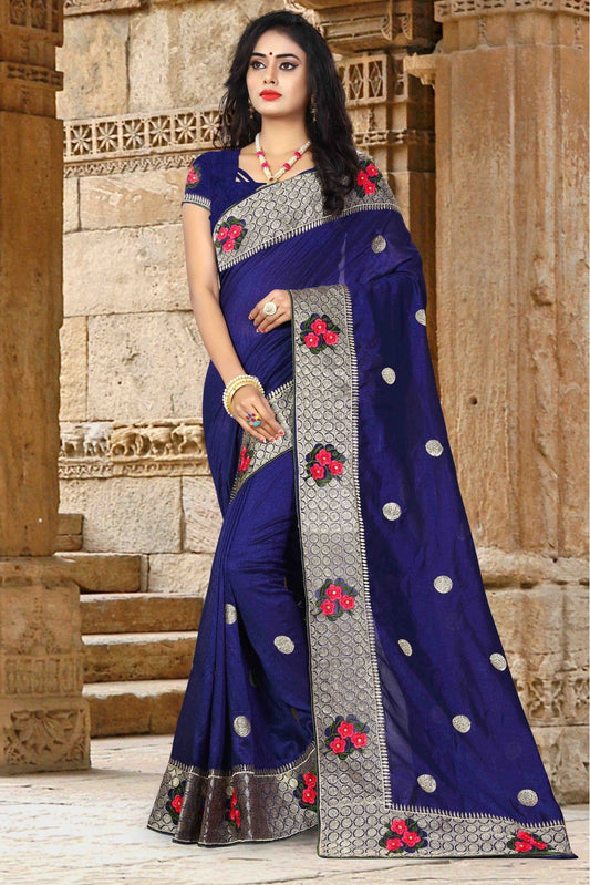Navy Blue Colour Vichitra Silk Woven Saree